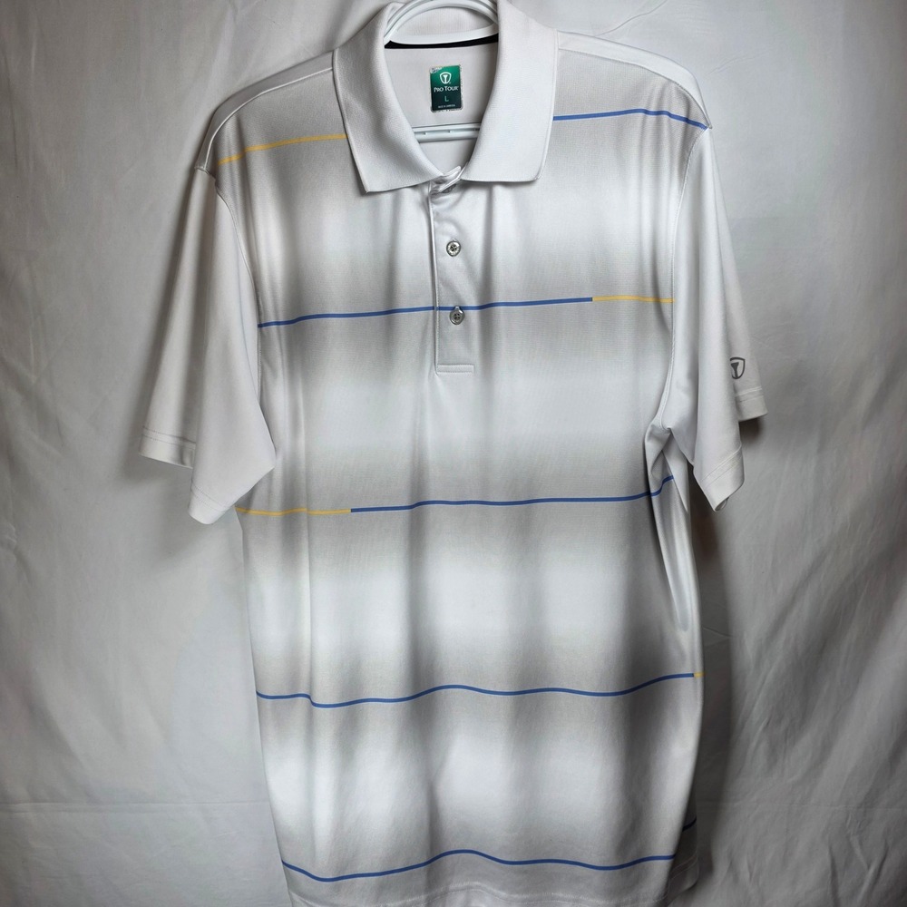 Pro Tour Mens Large White Striped Performance Golf Polo Shirt Short Sleeve L